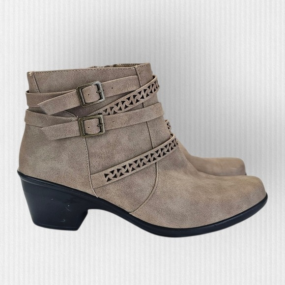 Womens Taupe Faux Suede Ankle Boots Buckle Straps Low Block Heel Side Zip 9.5 W - Picture 4 of 11